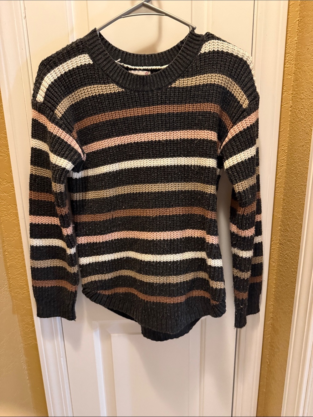 SO Striped Crewneck Sweater in Black, Cream, Tan & Pink